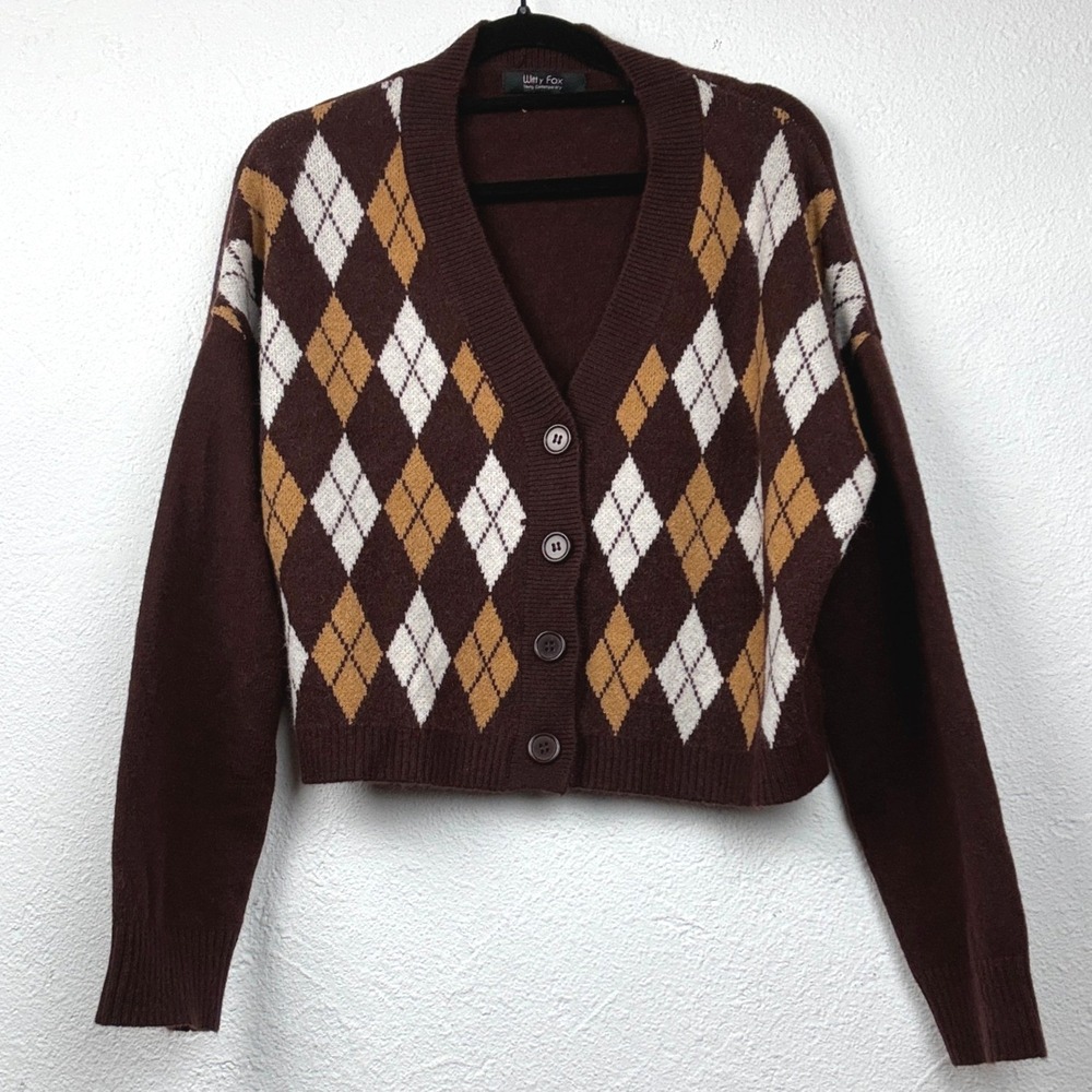 Witty Fox Brown Argyle Cardigan - M - Cropped Knit Button Up Preppy Academia